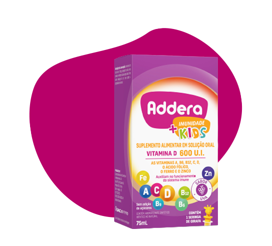 Embalagem do produto Addera Mais Imune Kids, para vitamina D 600 U.I.