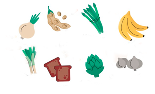 Ilustração de alimentos como alho, cebola, alho-poró, etc, indicando alimentos prebióticos.